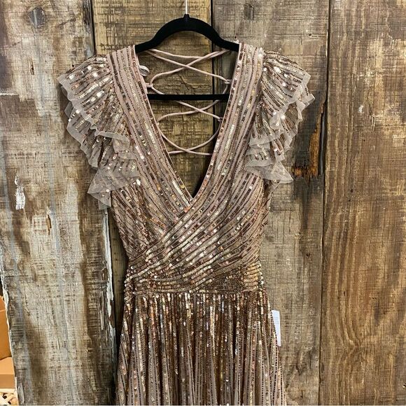 MAC DUGGAL Beige Sequined Cut Out Ruffled Cap Sleeve Lace Up Gown 5568 NWT 4 - Picture 11 of 15